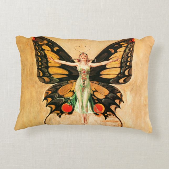 Flapper Butterfly Flying Woman Illustration Accent Pillow (Back)