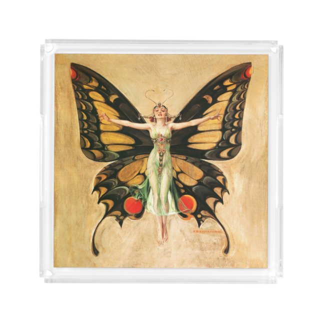 Flapper Butterfly Flying Woman Illustration Acrylic Tray (Front)