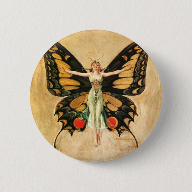 Flapper Butterfly Flying Woman Illustration Button (Front)