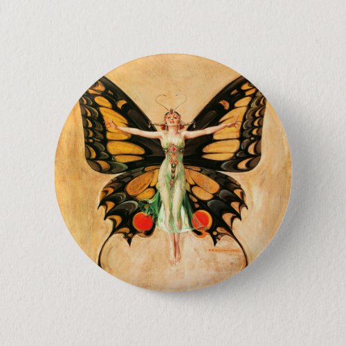 Flapper Butterfly Flying Woman Illustration Button