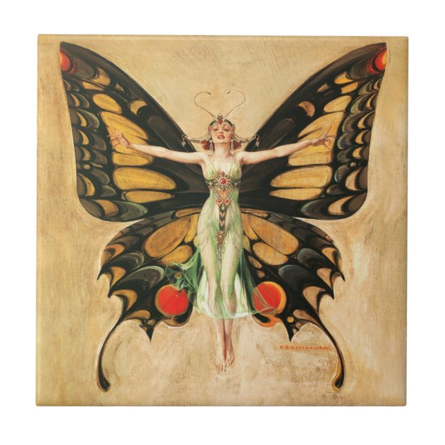 Flapper Butterfly Flying Woman Illustration Ceramic Tile (Front)