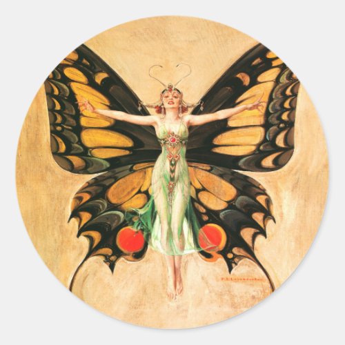 Flapper Butterfly Flying Woman Illustration Classic Round Sticker