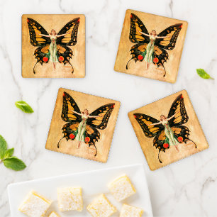 Flapper Butterfly Flying Woman Illustration Coaster Set