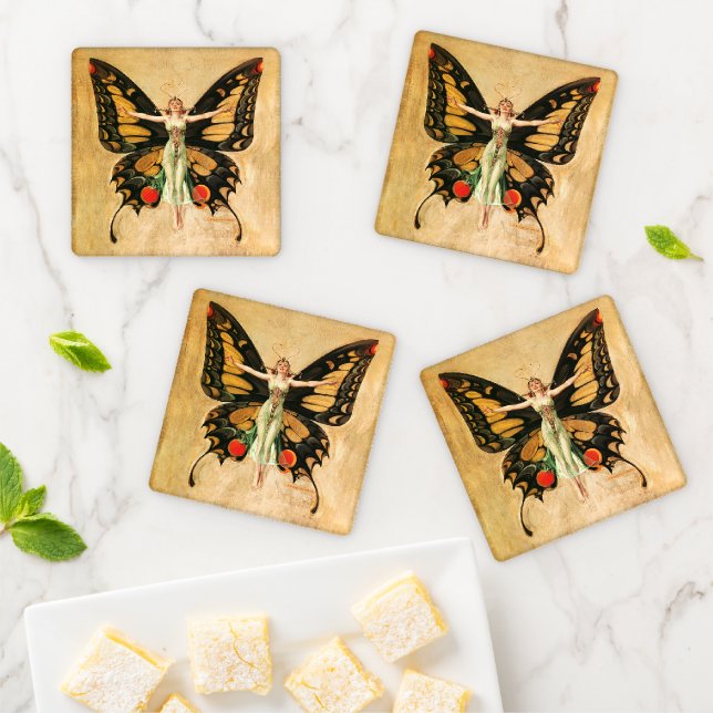 Flapper Butterfly Flying Woman Illustration Coaster Set (In Situ)