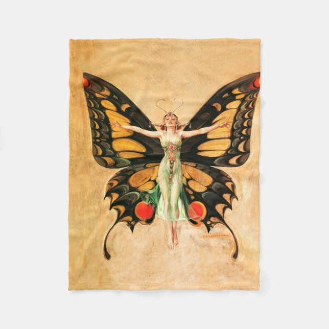 Flapper Butterfly Flying Woman Illustration Fleece Blanket (Front)