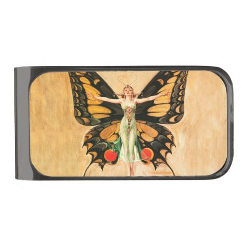 Flapper Butterfly Flying Woman Illustration Gunmetal Finish Money Clip