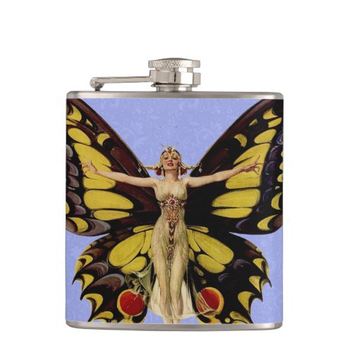 Flapper Butterfly Flying Woman Illustration Hip Flask