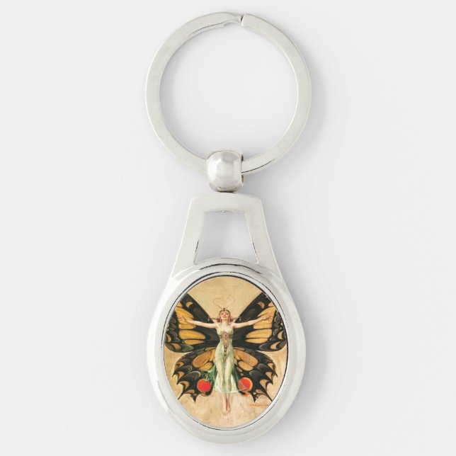 Flapper Butterfly Flying Woman Illustration Keychain (Front)