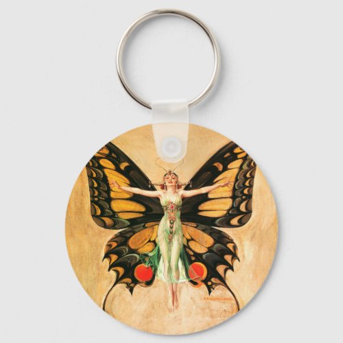 Flapper Butterfly Flying Woman Illustration Keychain
