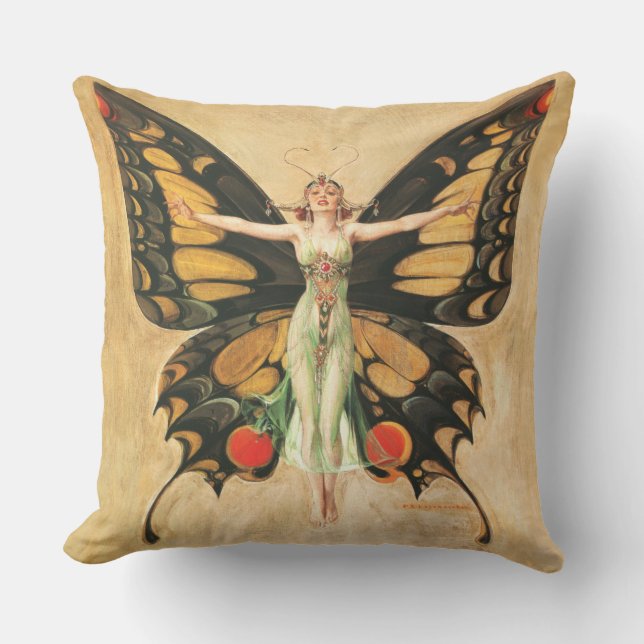 Flapper Butterfly Flying Woman Illustration Outdoor Pillow (Front)