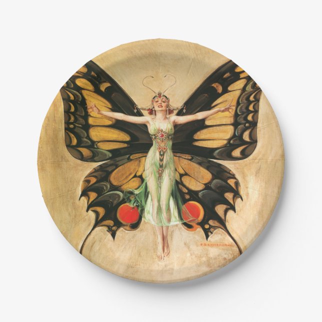 Flapper Butterfly Flying Woman Illustration Paper Plates (Front)