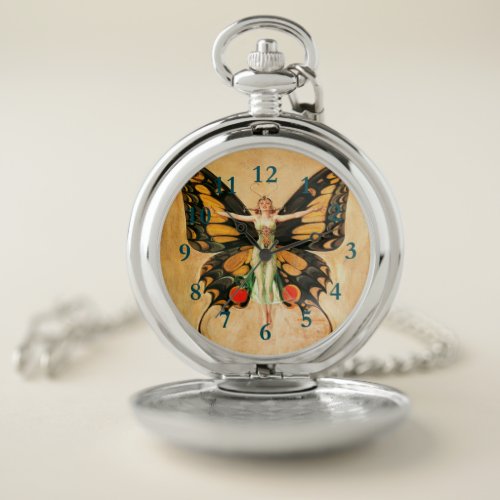 Flapper Butterfly Flying Woman Illustration Pocket Watch