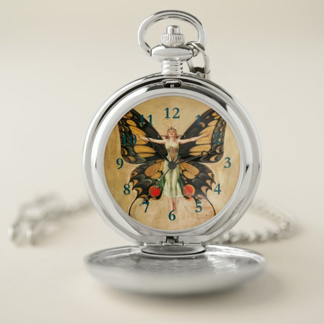 Flapper Butterfly Flying Woman Illustration Pocket Watch (Inside)