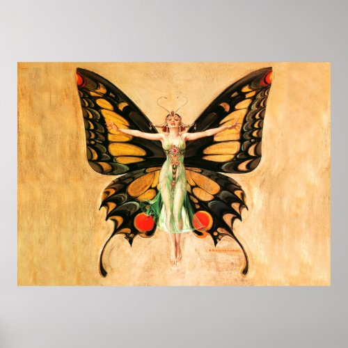 Flapper Butterfly Flying Woman Illustration Poster
