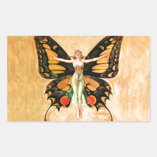Flapper Butterfly Flying Woman Illustration Rectangular Sticker (Front)
