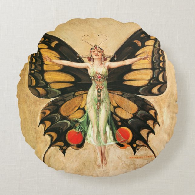 Flapper Butterfly Flying Woman Illustration Round Pillow (Front)