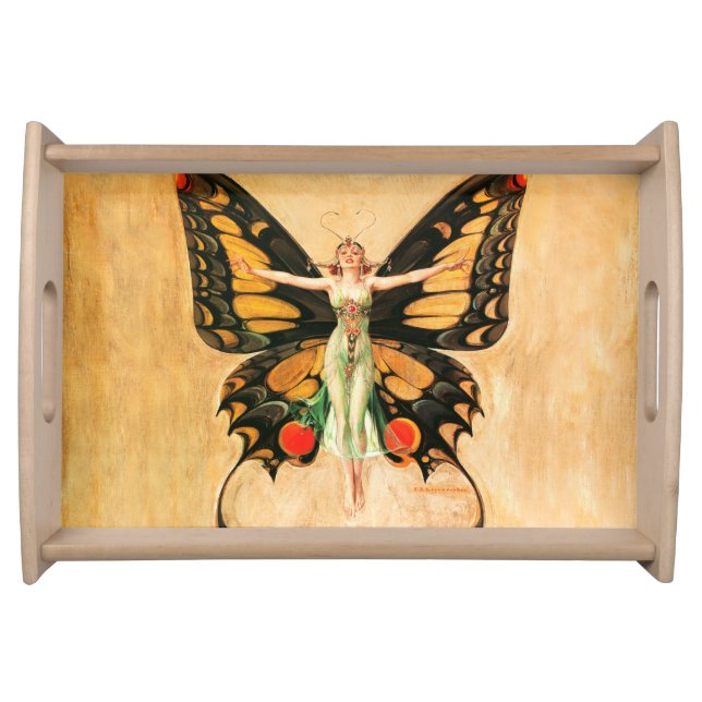 Flapper Butterfly Flying Woman Illustration Serving Tray (Front)