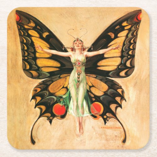 Flapper Butterfly Flying Woman Illustration Square Paper Coaster