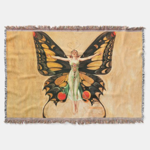 Flapper Butterfly Flying Woman Illustration Throw Blanket