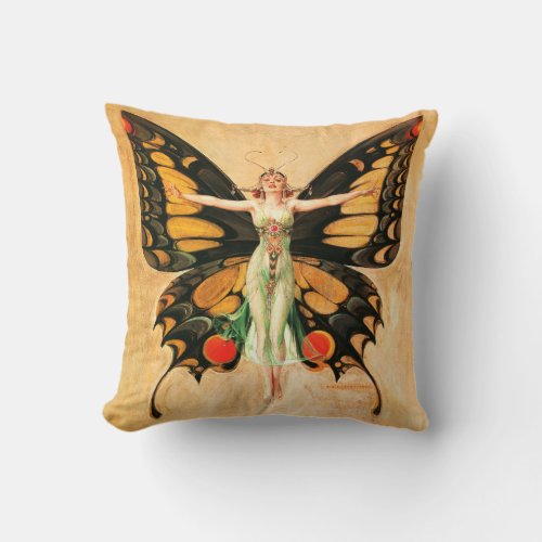 Flapper Butterfly Flying Woman Illustration Throw Pillow