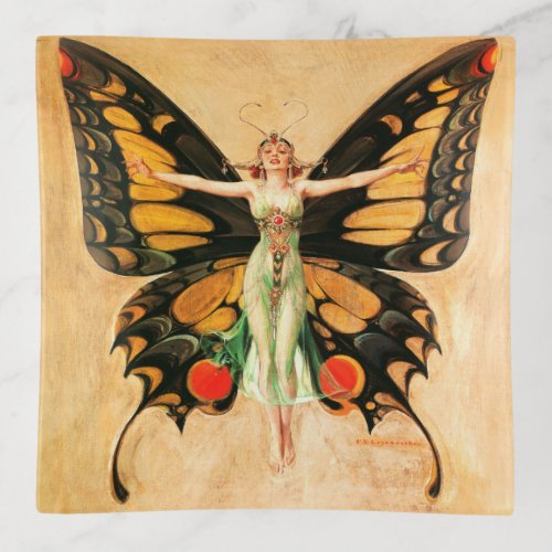 Flapper Butterfly Flying Woman Illustration Trinket Tray