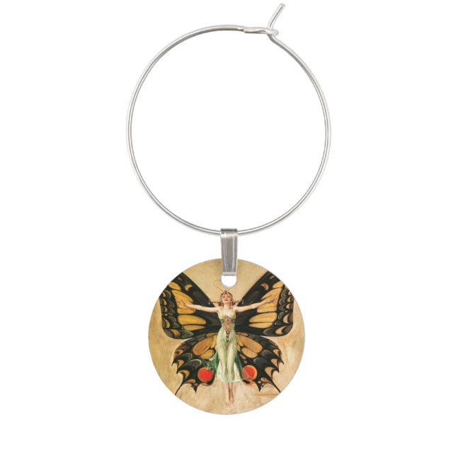 Flapper Butterfly Flying Woman Illustration Wine Charm (Front)