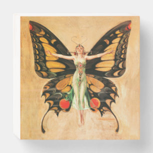 Flapper Butterfly Flying Woman Illustration Wooden Box Sign