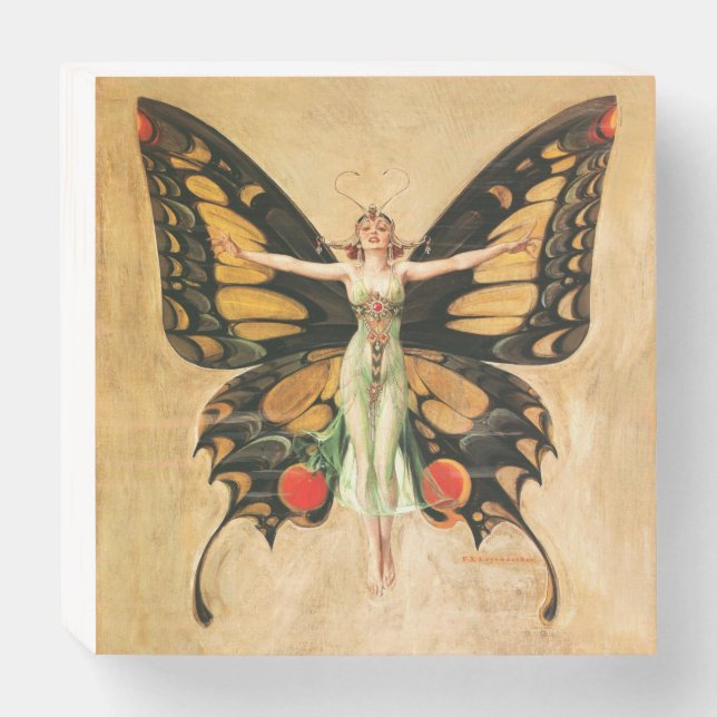 Flapper Butterfly Flying Woman Illustration Wooden Box Sign (Front Horizontal)