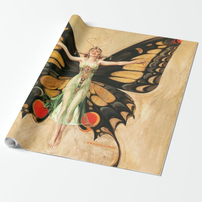 Flapper Butterfly Flying Woman Illustration Wrapping Paper (Unrolled)