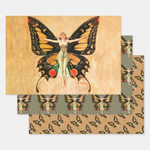 Flapper Butterfly Flying Woman Illustration Wrapping Paper Sheets