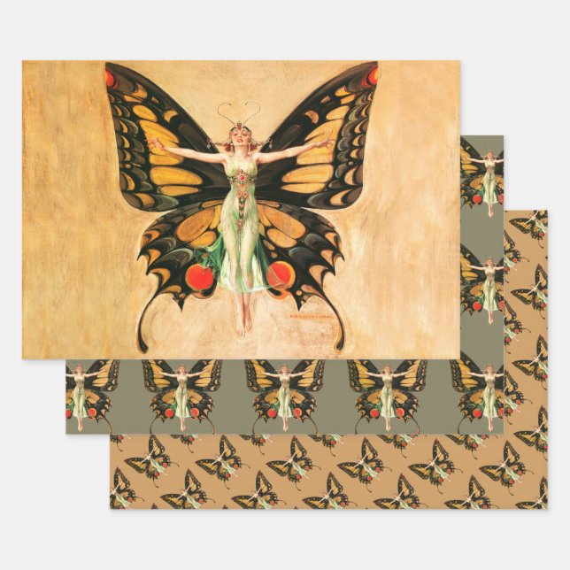 Flapper Butterfly Flying Woman Illustration Wrapping Paper Sheets (Set)
