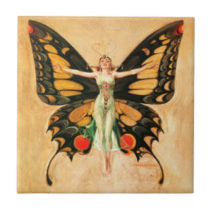 Flapper Butterfly Leyendecker Woman Illustration Ceramic Tile