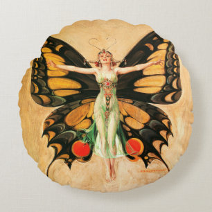 Flapper Butterfly Leyendecker Woman Illustration Round Pillow