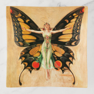 Flapper Butterfly Leyendecker Woman Illustration Trinket Tray