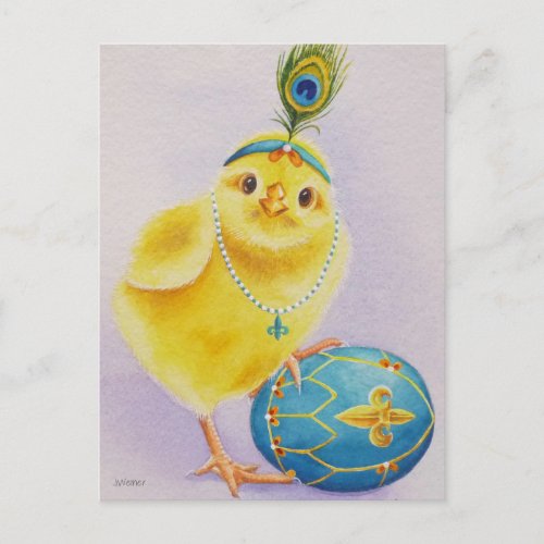 Flapper Chick No 1 and Easter Egg Watercolor Art Postcard