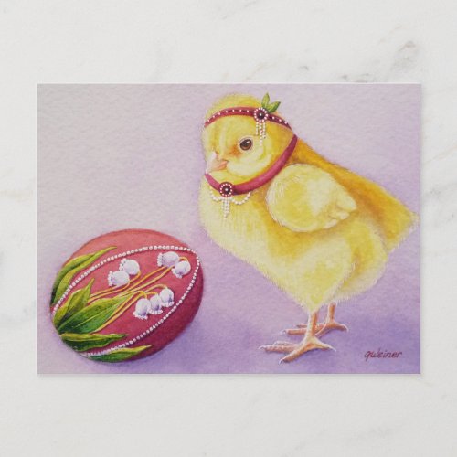 Flapper Chick No 2 and Easter Egg Watercolor Art Postcard