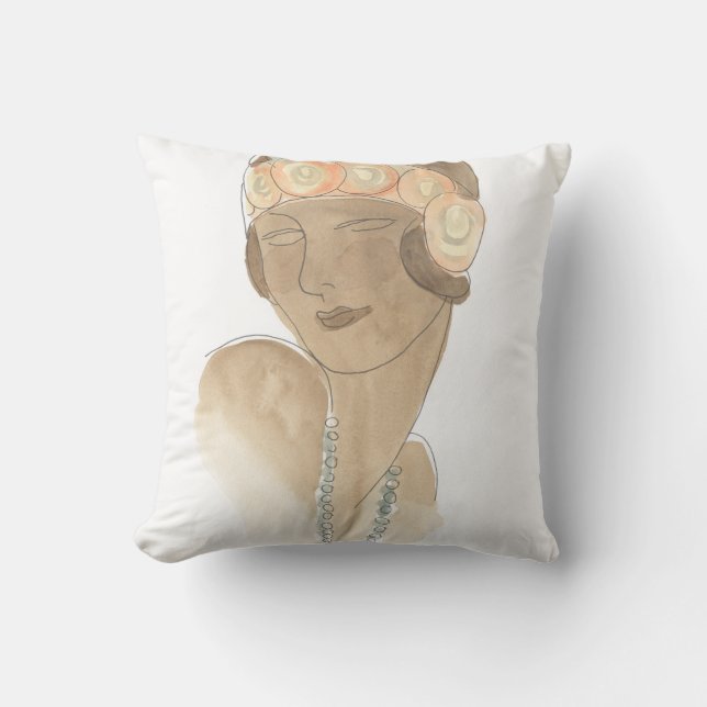 Flapper Fashion Sketch - Woman with Hairpiece Throw Pillow (Front)