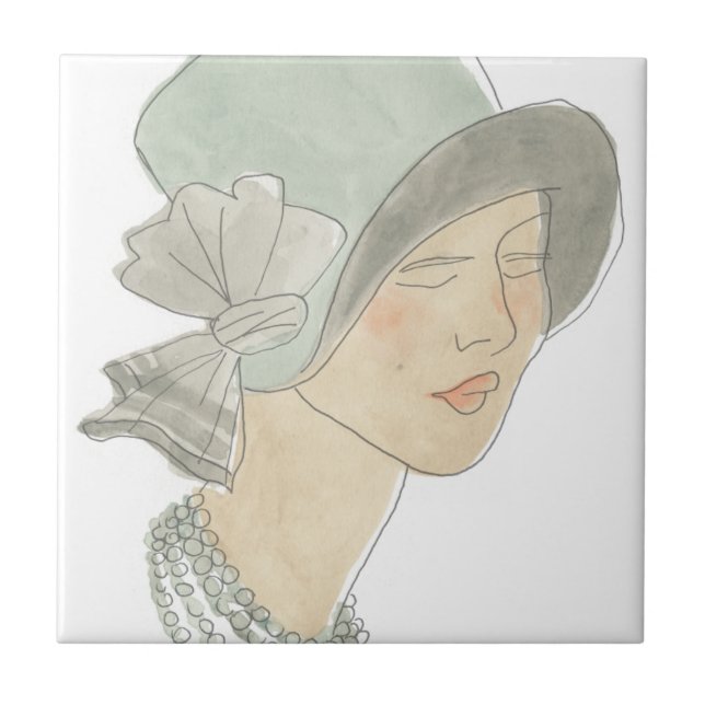 Flapper Fashion Sketch - Woman with Hat Ceramic Tile (Front)