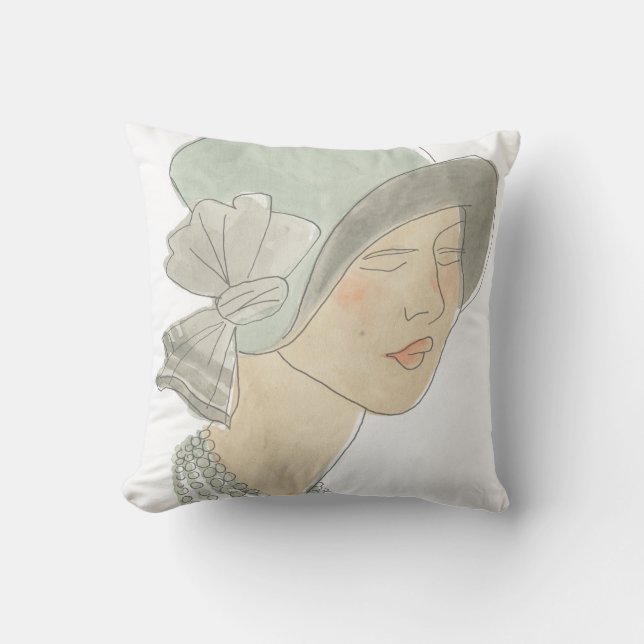 Flapper Fashion Sketch - Woman with Hat Throw Pillow (Front)