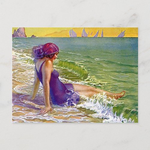 Flapper Girl At The Sea Postcard Sailboats Cloche