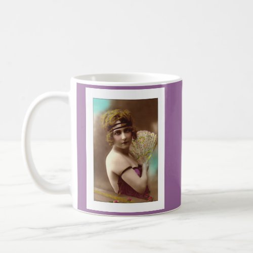 flapper girl in purple with a fan coffee mug