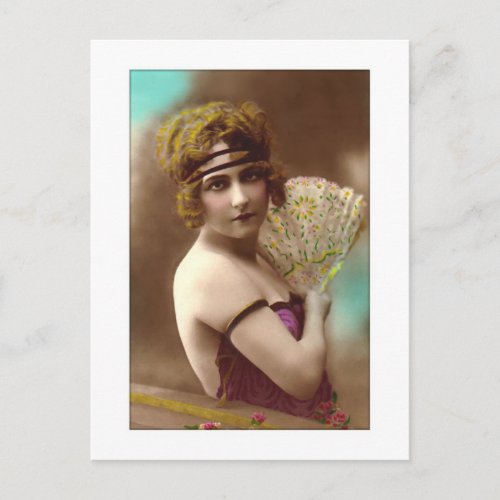 flapper girl in purple with a fan postcard