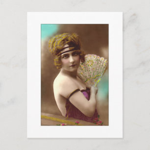 flapper girl in purple with a fan postcard