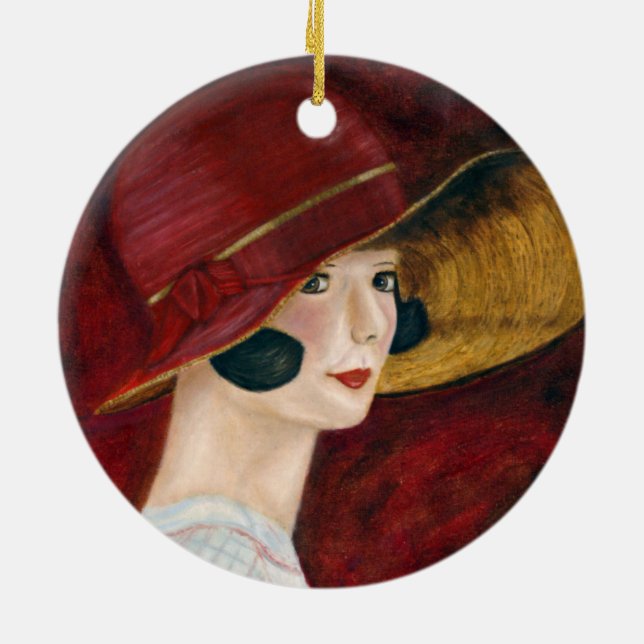 Flapper Girl in Red Hat Roaring Twenties 1920s Ceramic Ornament (Back)