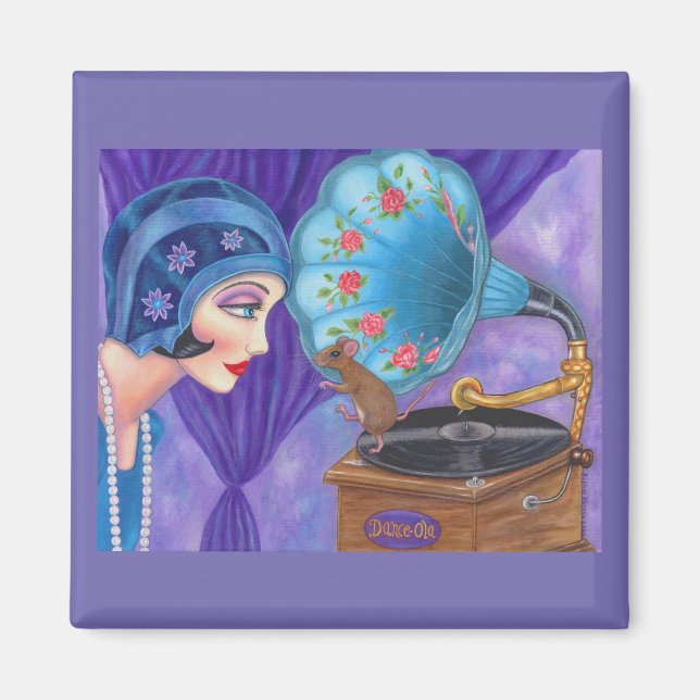 Flapper Girl Roaring Twenties Mouse Gramophone Magnet (Front)