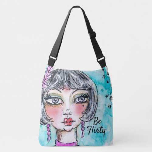 Flapper Girl Watercolor Portrait Whimsical Flirty Crossbody Bag