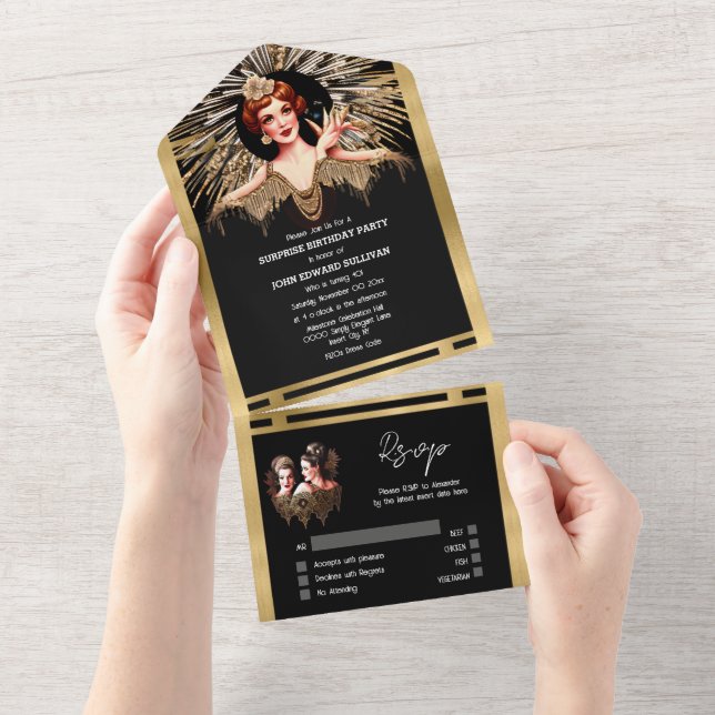 Flapper girls black gold 1920 Gatsby dinner party All In One Invitation (Tearaway)