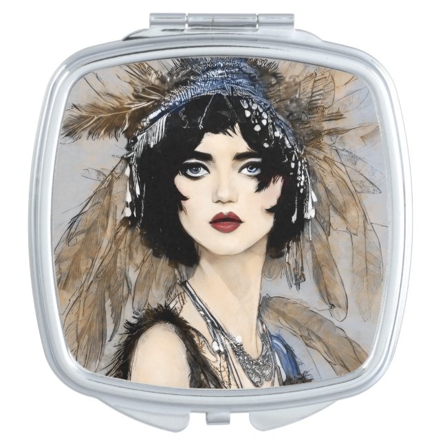 Flapper in Feathers and Blue Compact Mirror (Front)