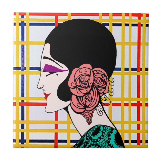 Flapper Lady Elegance on Mondrian's New York  Ceramic Tile (Front)