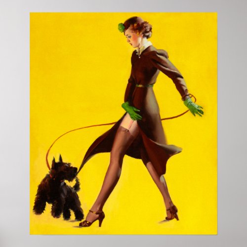 Flapper Pinup Girl Walking Her Pet Dog Poster